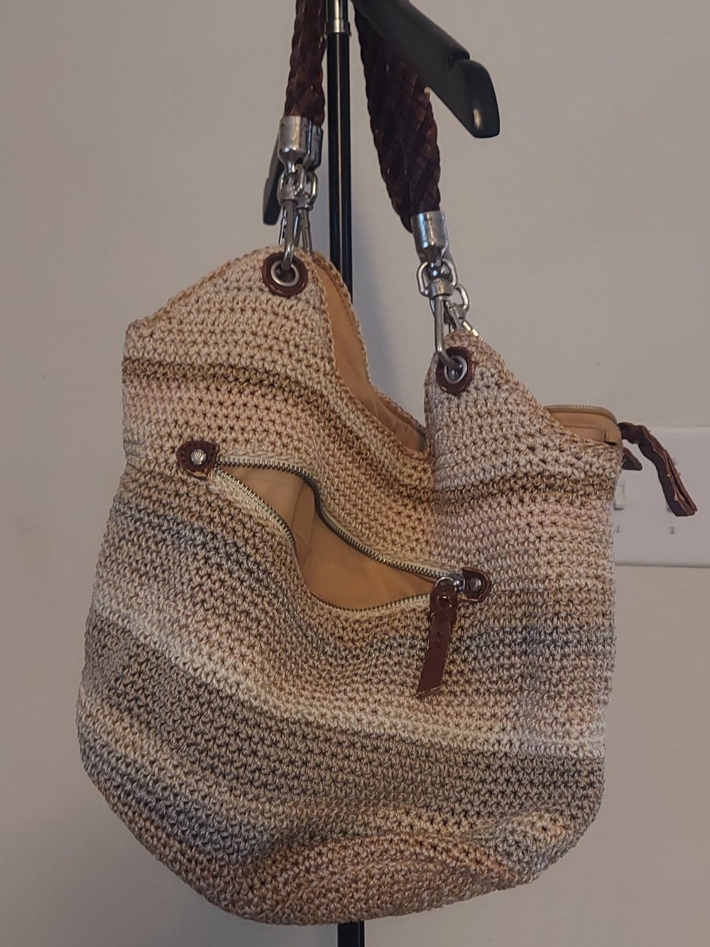 The Sak Neutral Woven Shoulder Bag with Brown Trim